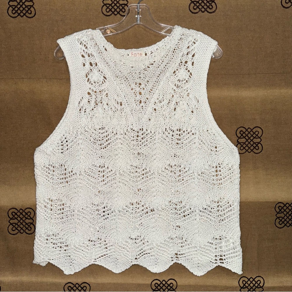 FATE Women'S White Scallop Edge Open Knit Sweater Tank Top Size M - Picture 7 of 17